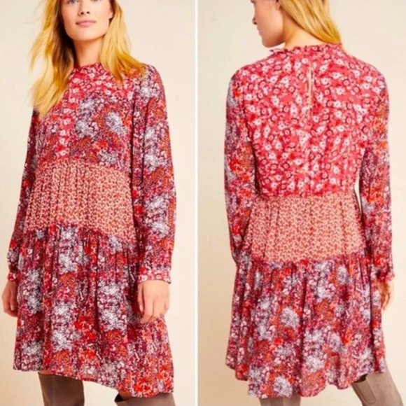 Maeve Anthropologie Red Esther Tiered Tunic Dress - Picture 2 of 3